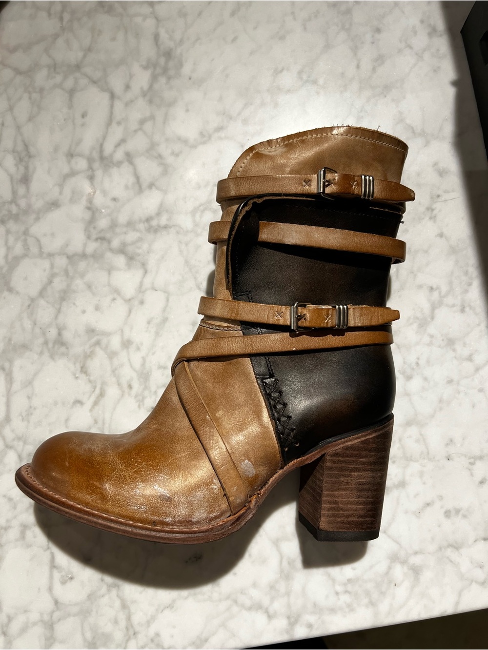 Freebirds Women’s Two-Tone Brown Leather Ankle Boot with Buckle Straps